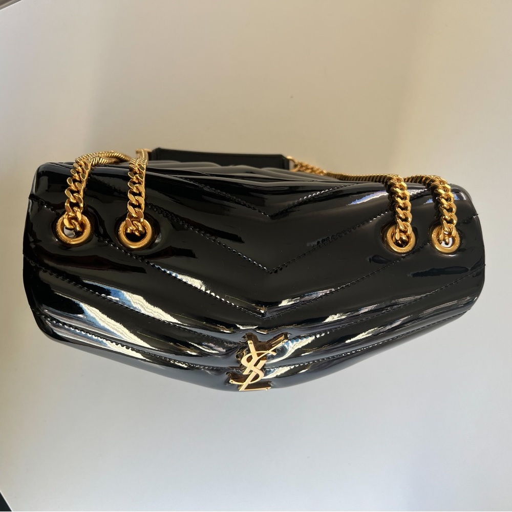 Saint Laurent (YSL) Black and Gold Patent Shoulder Bag -Worn 1X - Picture 12 of 16